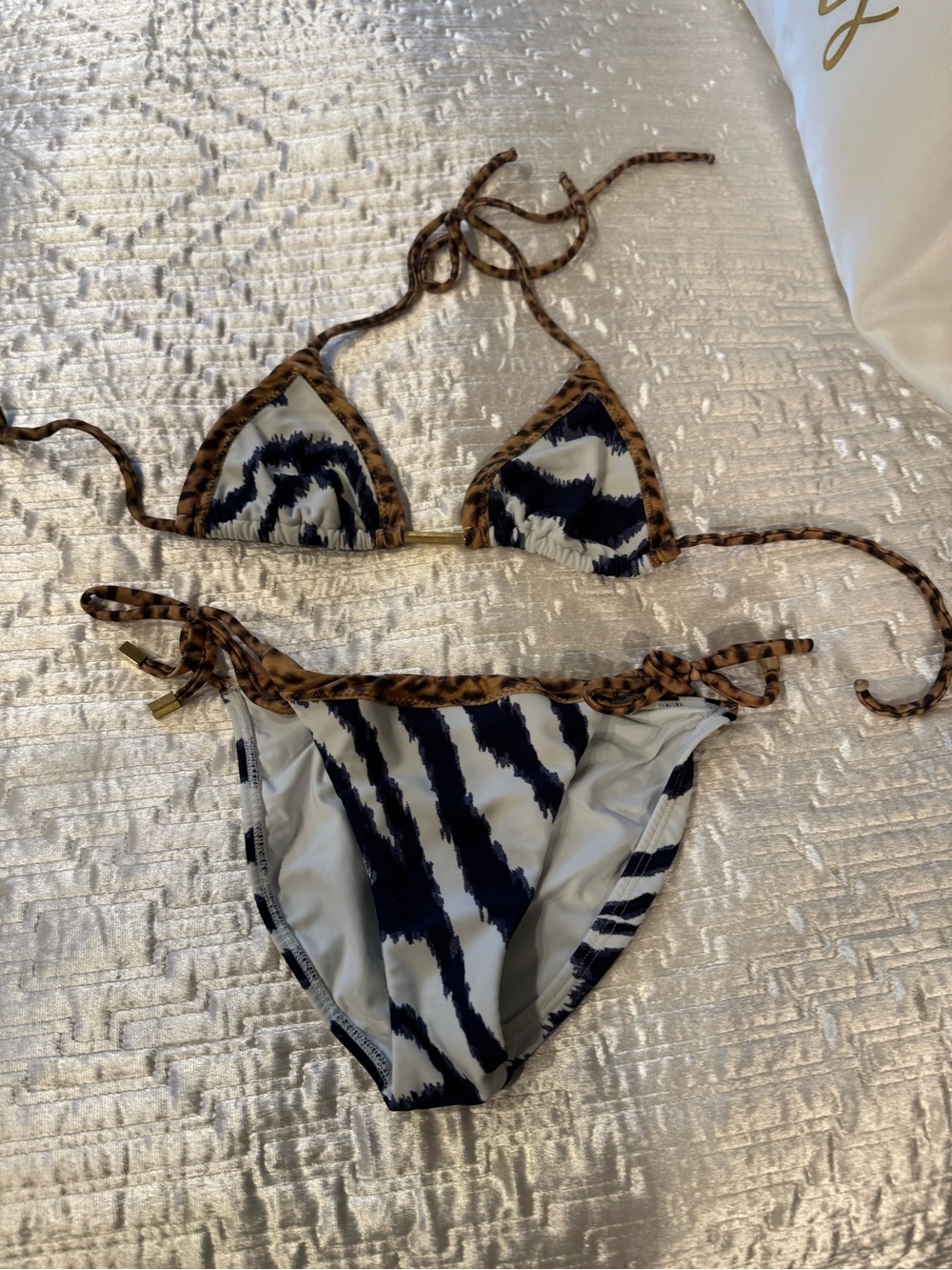 Vix Bikini w/coverup, 3 piece; Navy/White Stripes w/cheetah print trim, S, Good. - Picture 2 of 11